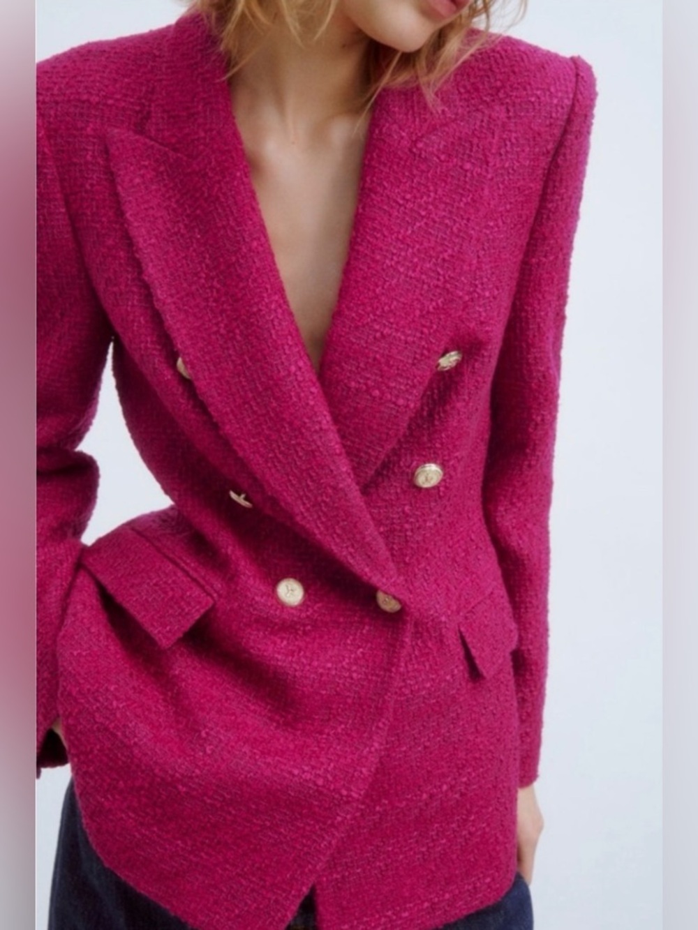 New NWT Zara Fuschia Magenta Tweed Blazer Double Breasted sz small